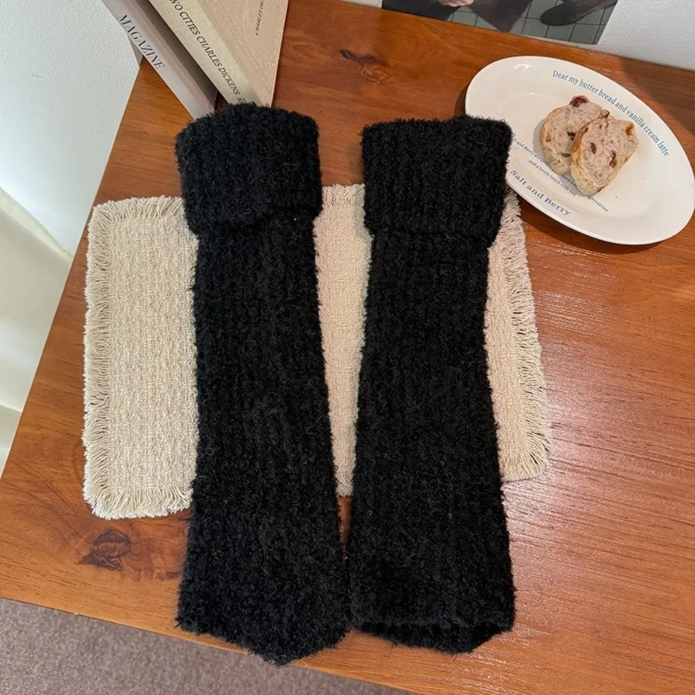 Thick Warm Knitted Leg Warmers Fleece Lining Turn-Cuff Design Fuzzy Leg Warmers Stretchy Fabric Knitted Texture Calf Leg Socks