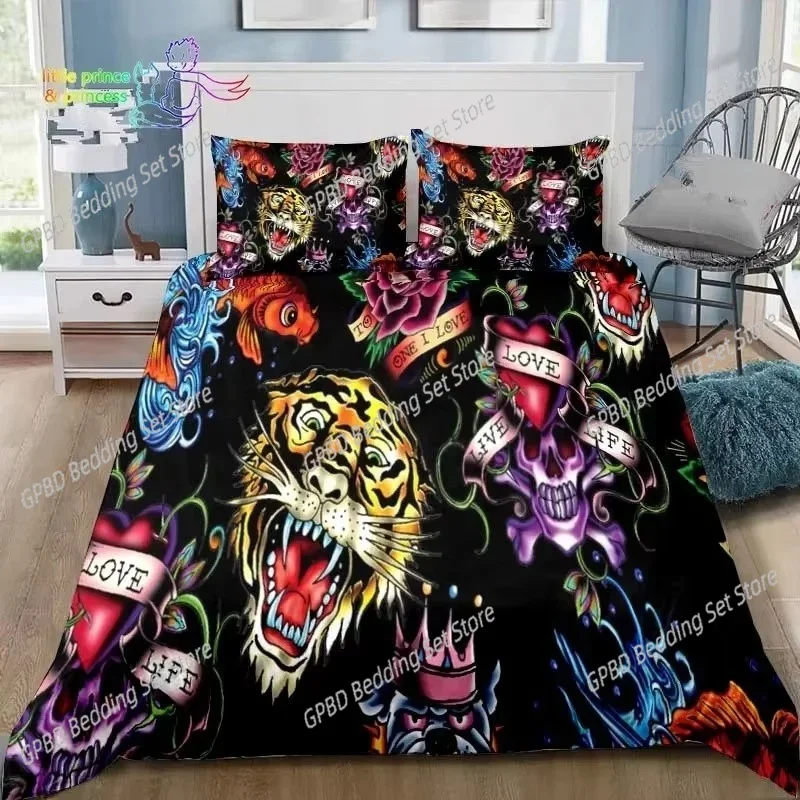 Ed-H-hardy T-Tattoo Tiger Skull Bedding Set Single Twin Full Queen King Size Bed Set Adult Kid Bedroom 3D Print Bedding Gift