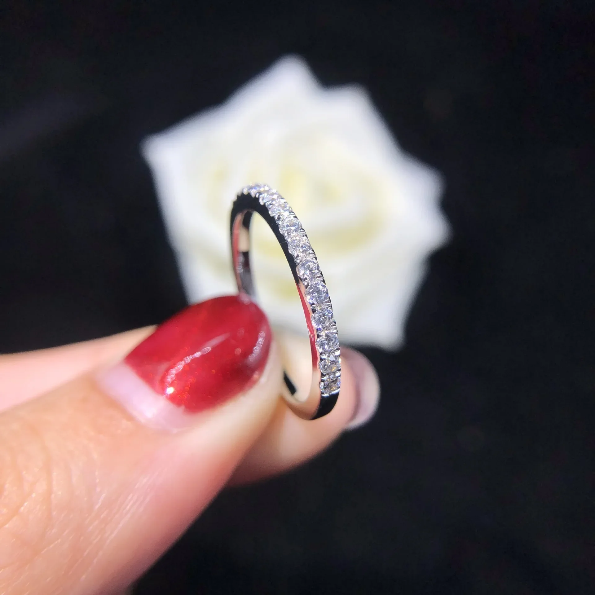 Solid 14K White Gold AU585 Platinum PT950 Luxury diamond ring half circle row diamond ring women with small diamonds flash