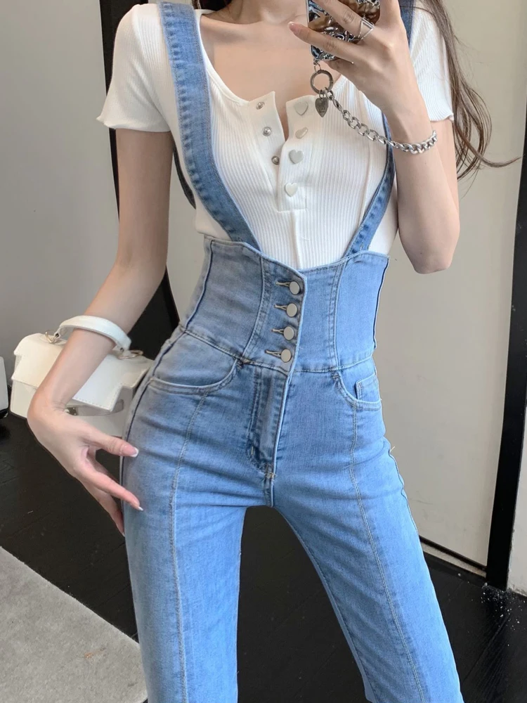 

Suspender High Waist Stretch Skinny flare bottoms Jeans Woman 2025Spring Autumn Ankle-Length Vintage Denim Pencil Pants Female