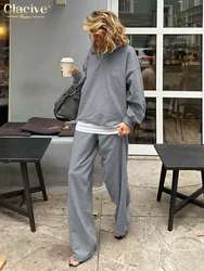 Clacive Fashion Loose Gray Cotton 2 Piece Sets Women Outfit 2025 Elegant Long Sleeve Shirt With High Waist Wide Pants Set Female