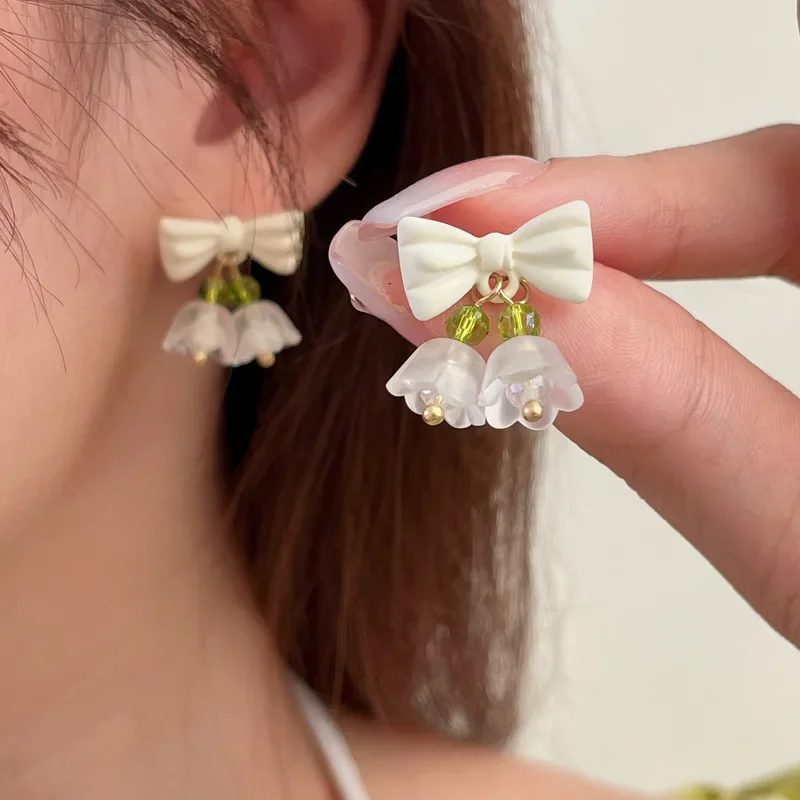 Summer Sweet Fairy Bell Orchid Ear Clips Earrings Girl Freshing Small Bow Lily of The Valley Flower Clip on Earrings No Piercing