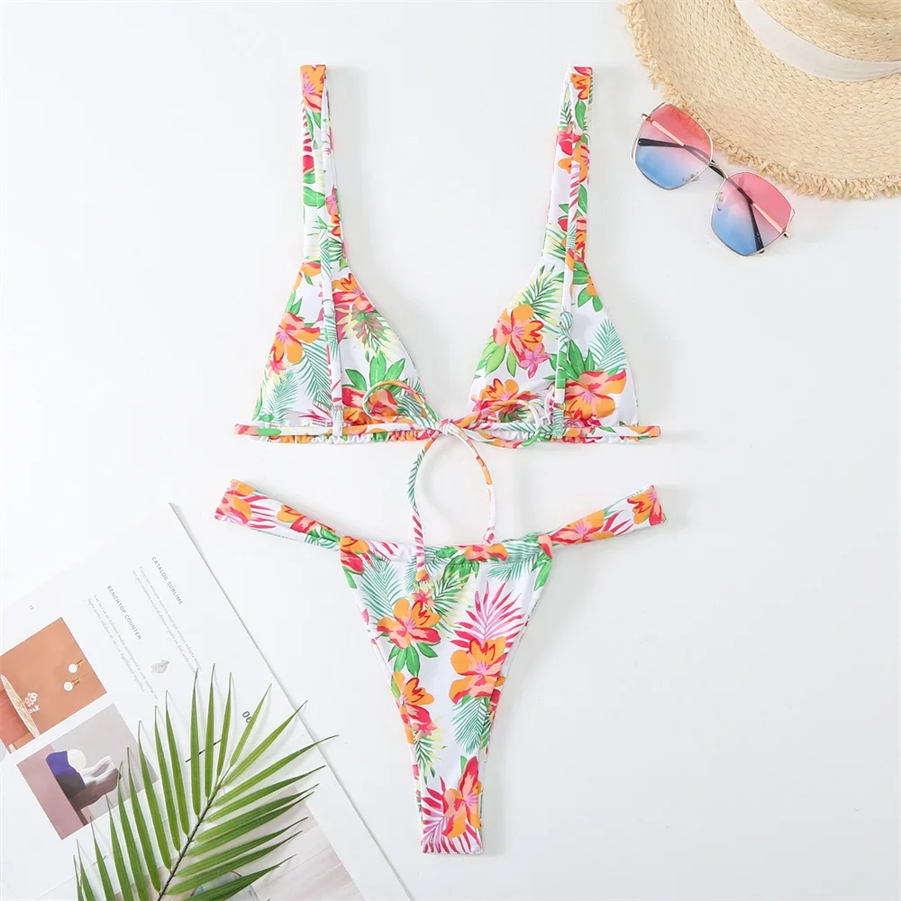 Cute Flowers Bikini String Lace Up Swimsuit Thong Split Vacation Swimwears Women Trend Y2K Beach Bathing Suits Biquinis Feminino