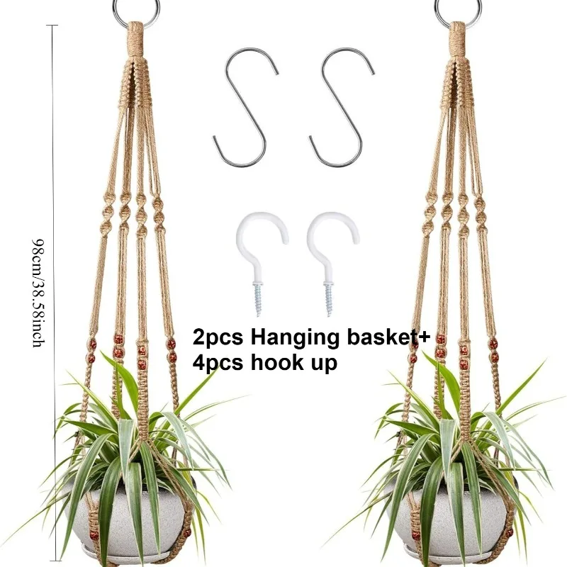 

2 шт., бездонный комбинированный сетчатый мешок для цветочного горшка с 4 крючками для внутреннего и наружного украшения, подвесная корзина для растений