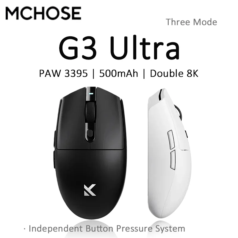 

Сверхлегкая игровая мышь MCHOSE G3, частота заката 8 К, PAW 3395, трехрежимный двойной оптический датчик 8 К, 64 г, длительный срок службы батареи