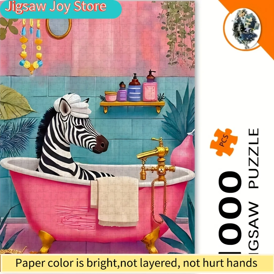 

Jigsaw Puzzle Featuring Zebras in a Bubble Bath, Designed for Adults. It Boasts Bright Colors, Intricate Artwork, And a Conve