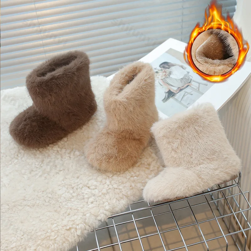 

Children's Snow Boots 2025 Winter New Warm Plush Baby Girls Boots Fashion Fluffy Kids Flat Comfortable Cold Proof Cotton Shoes