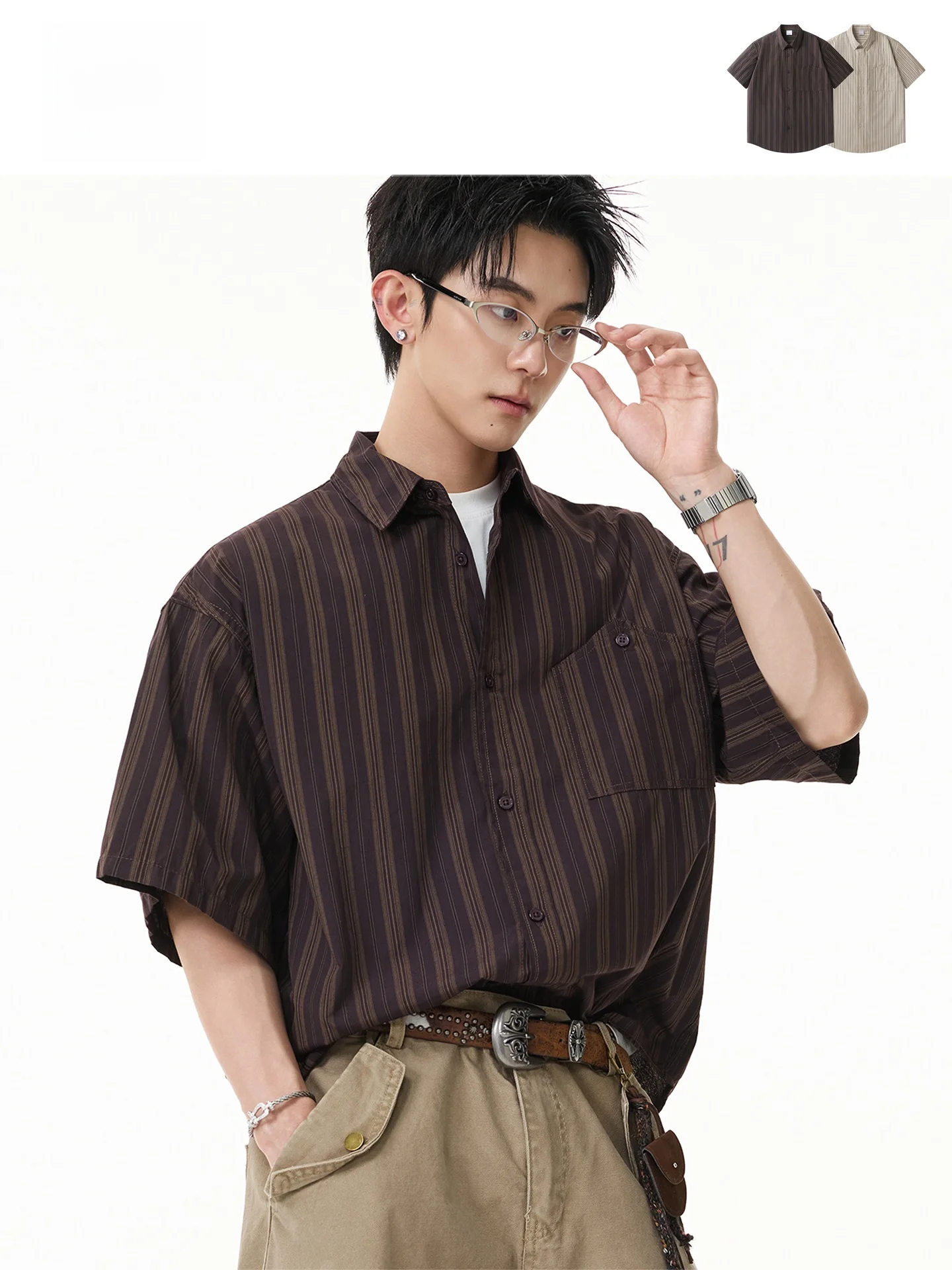 

GPstudio Men's Casual Stripe Pattern Short Sleeve Shirt Vintage Style Turn-down Collar Loose Fit Summer Fashion Breathable Po...