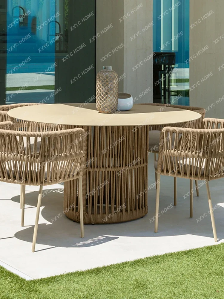 Outdoor Braid Rope Chairs Nordic Simple Leisure  Twisted String Garden Stone Plate Long Table Eight-Immortal  Tables and Chairs