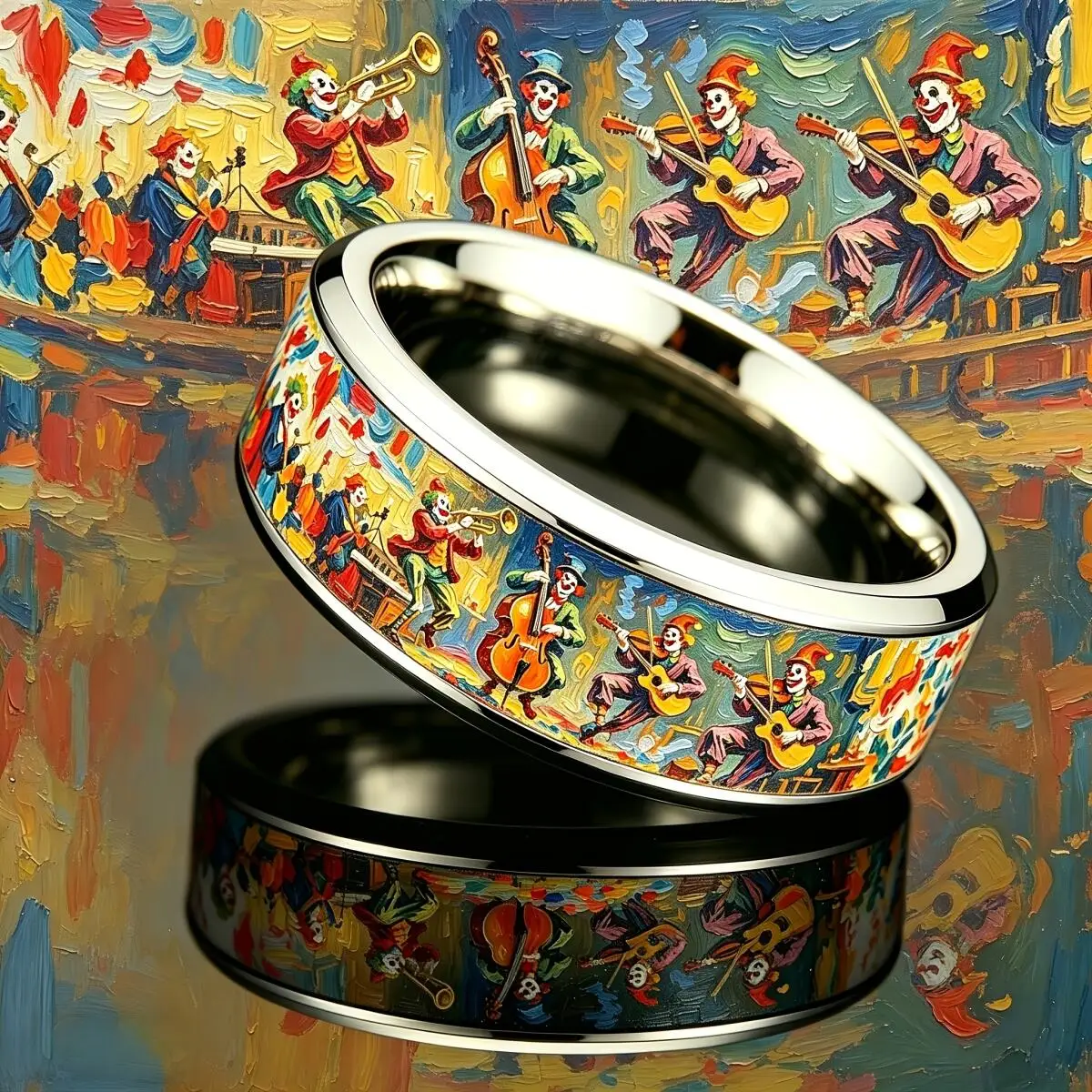 Vintage Oil Painting Circus Clown Orchestra Pattern Stainless Steel Ring Women Bohemian Musical Theme Rock Biker Jewelry Gifts