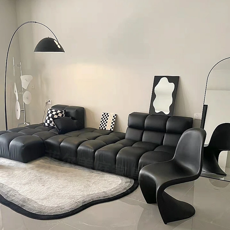 Tech fabric genuine leather black living room combination size chocolate sofa