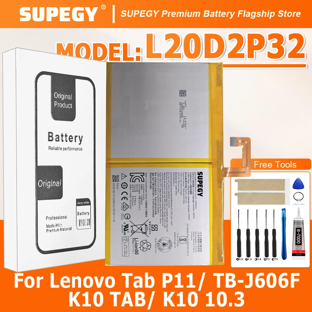 100% New Battery  L20d2p32 For  Lenovo Tab P11/ TB-J606F/K10 TAB/ K10 10.3 Battery + Free Tools