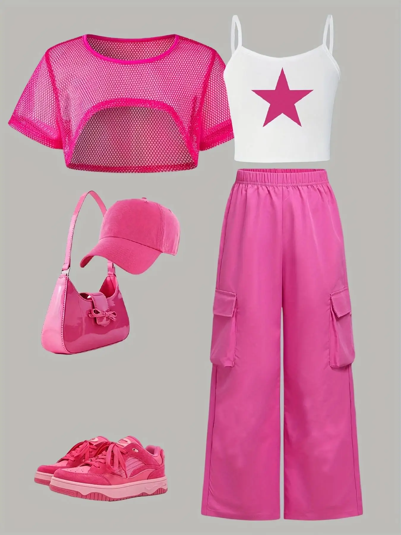Girls' Summer and Autumn Casual Outfit Set: Girls' Camisole + Short Jacket + Straight-Leg Cargo Pants Three-Piece Set, Children's Star Print Dopamine Set in Rose Red, Suitable for Girls Aged 8-12