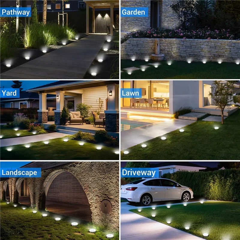 AT51-Cool White LED Solar Ground Lights 8-Pack, IP65 Waterproof, Anti-Rust Disc Lighting For Outdoor Landscaping