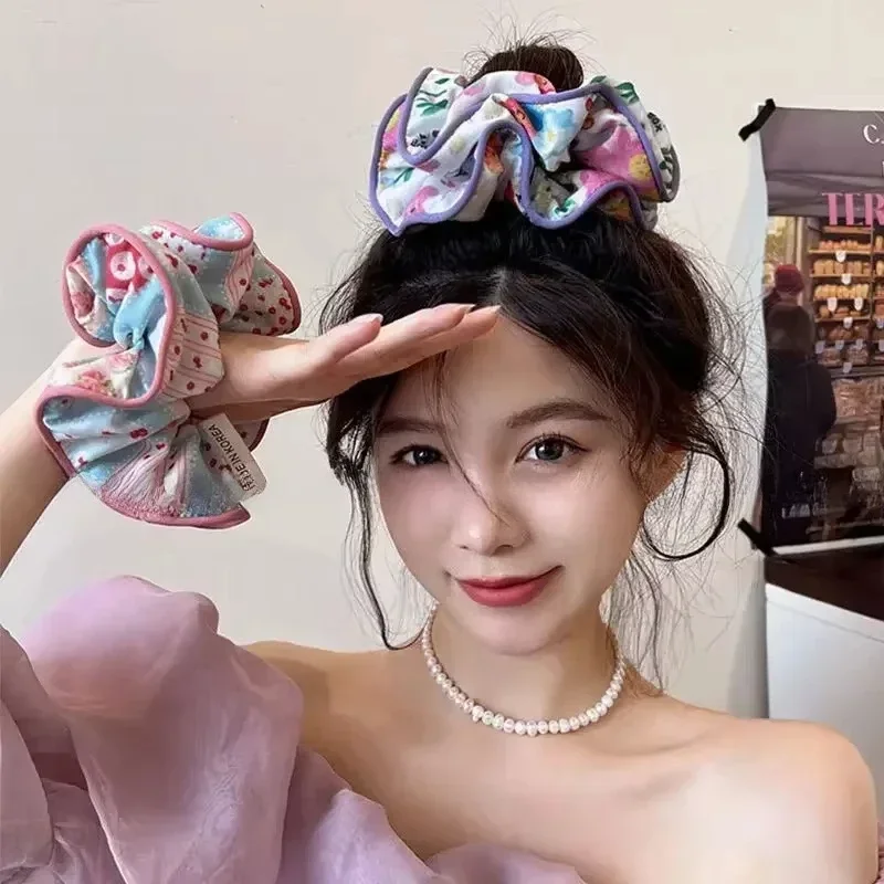 Cute Ruffle Hairbands Korean Sweet Elastic Hair Bands Floral Print Hair Ropes Barrettes Headwear Girls Hair Accessories