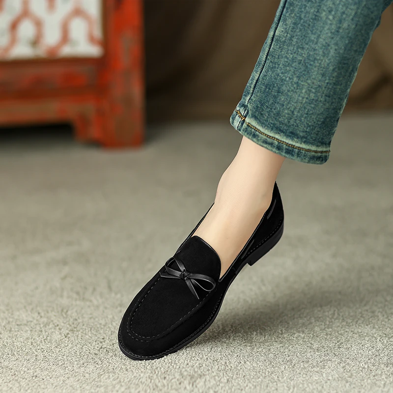 2023 Fashion Spring/Autumn Women Loafers Cow Leather Round Toe Chunky Heel Women Shoes Casual Bow-knot Low Heel Pumps for Women