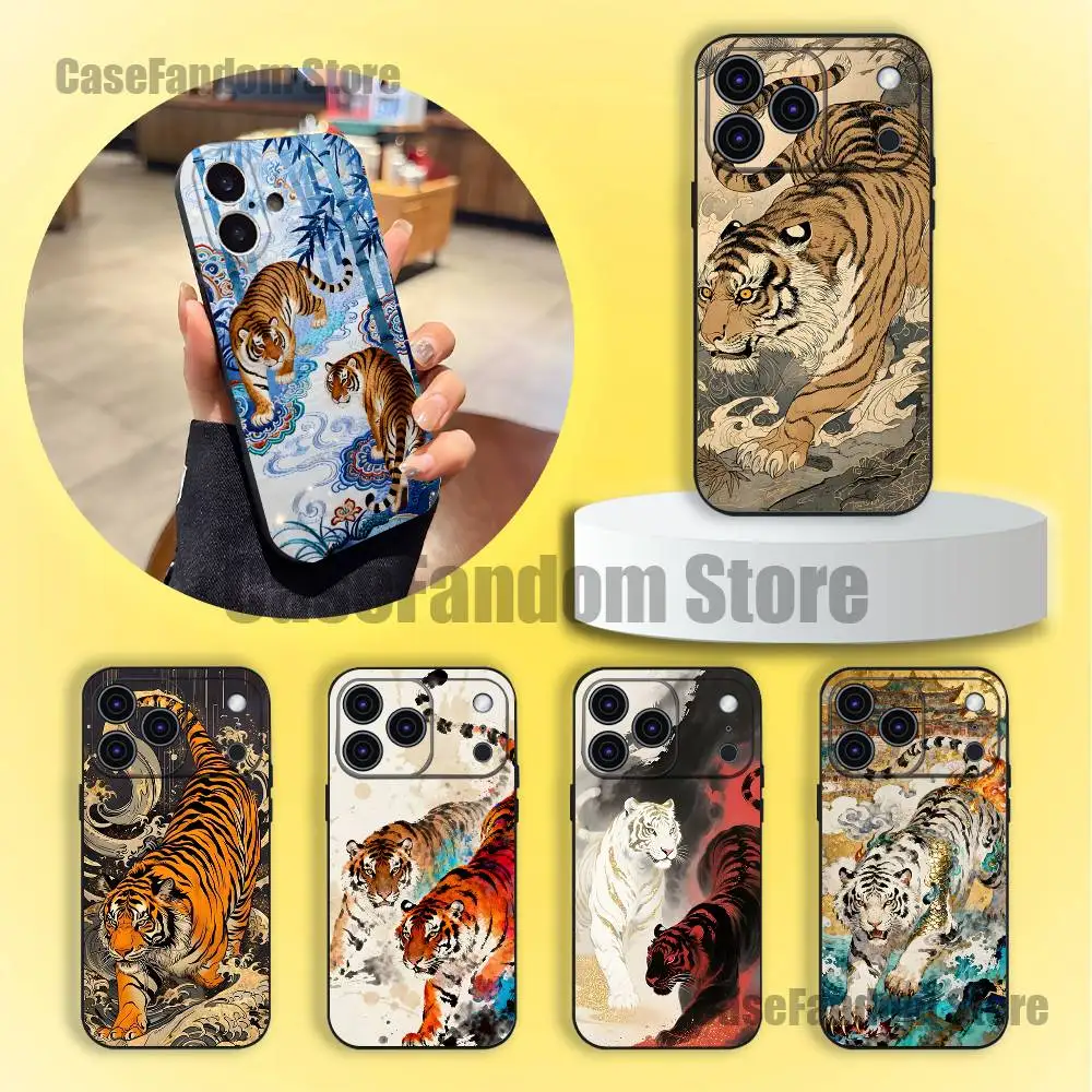 

J-Japanese Ukiyo-e Tiger Black Soft Cover Phone Case For iPhone 17,16,15,14,13,12,11,Pro,Max,Plus
