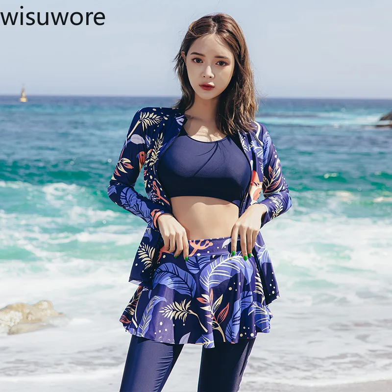 Wisuwore Printing Swimwear Long Sleeved Large Women Swimsuit Trousers Sexy Lingerie Ladies Panties Five Piece Piece Surfing Suit