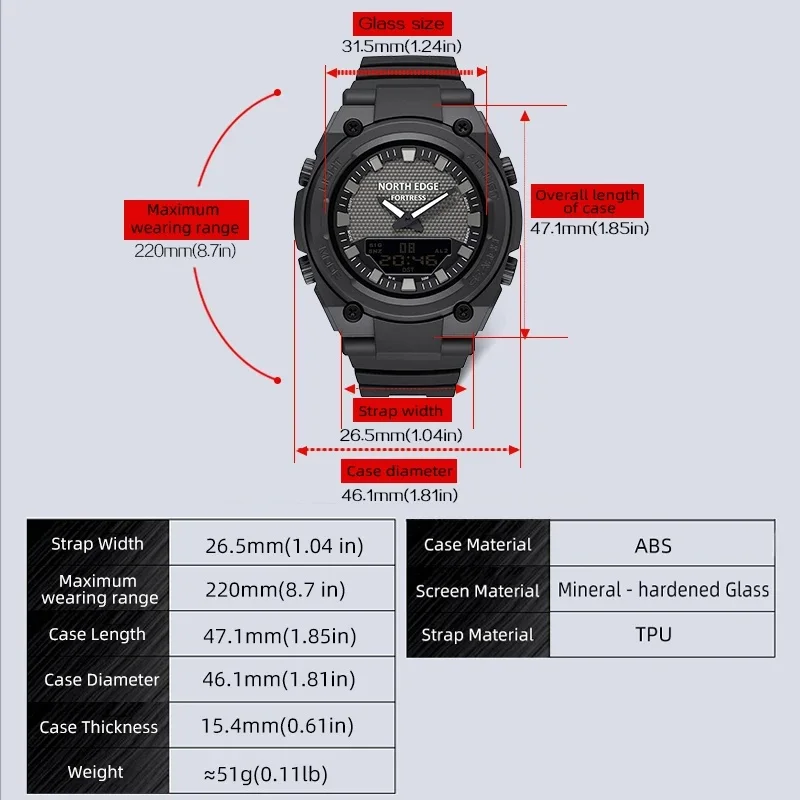 NORTH EDGE FORTRESS 2026 Men Digital Watch Outdoor Sports Waterproof 50M Watches World Time Countdown Electronic LED Wristwatch view 6