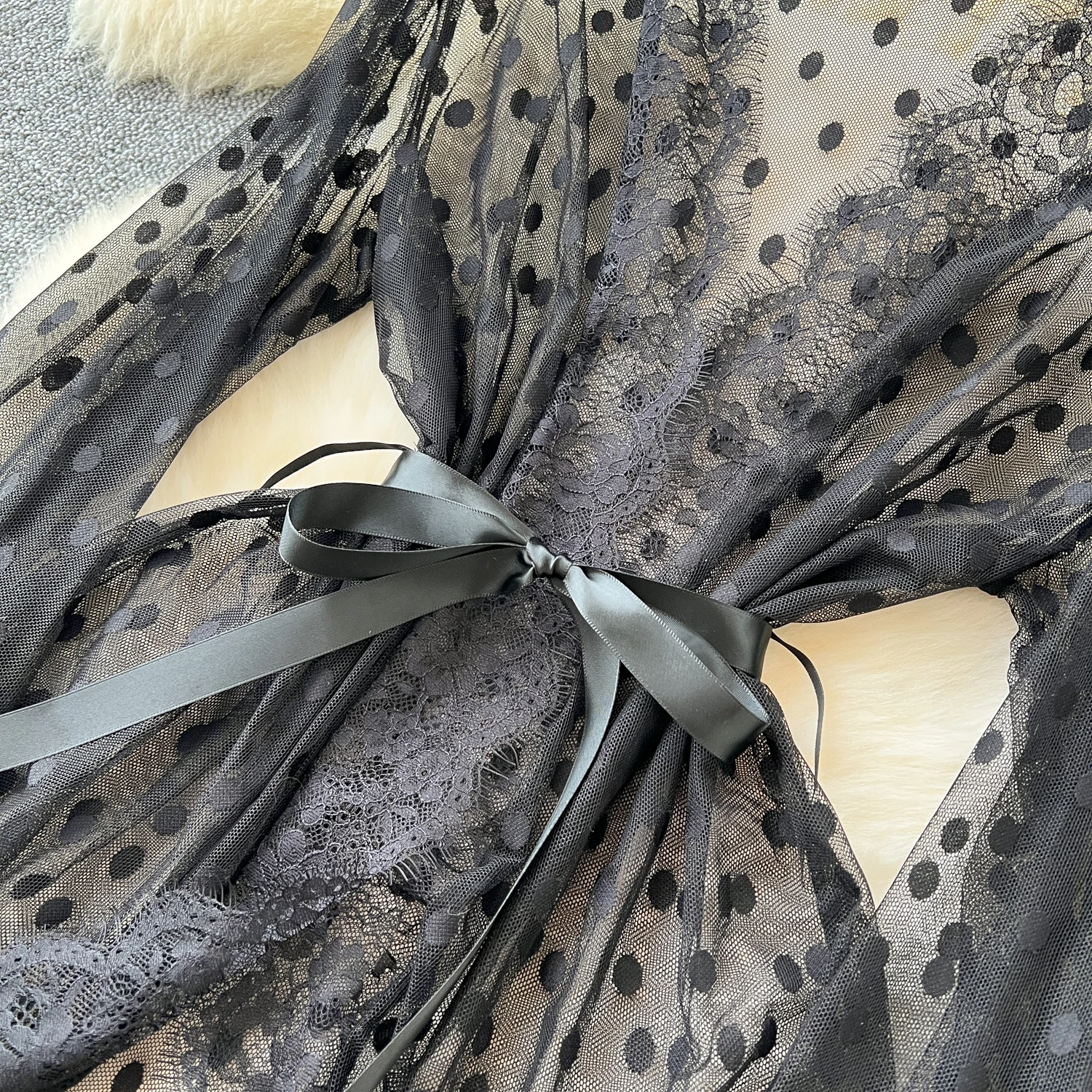 Feminino data noite romântico amor vestido sexi feminino malha preta pontos vestidos allure 3 pçs senhora sexy hotsweet noite fino vestido transparente