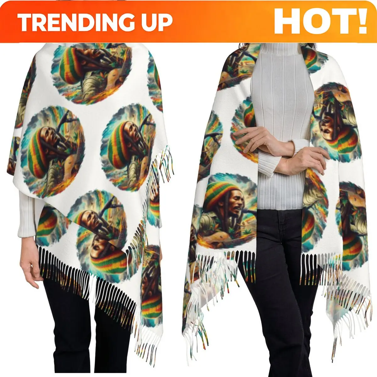Customization Bob Marley One Love Scarf Tassel Scarves Women Soft Warm Shawls And Wraps Large Fall Winter Shawl Wrap