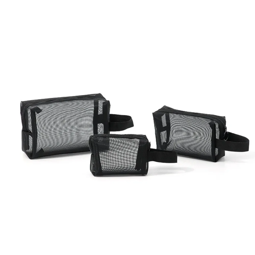 3PCS/SET Solid Color Mesh Cosmetic Bags Large Capacity Zipper Transparent Makeup Bags Pen Bag Lipstick Storage Pouch