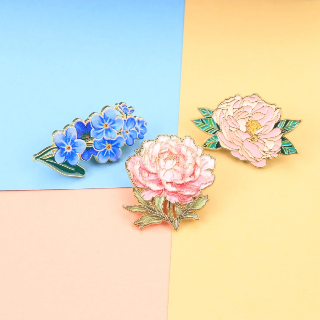 Cartoon Flower Enamel Lapel Pins, Elegant Peony & Forget-Me-Not Brooch Badges for Backpack Clothing DIY Decor Accessories - view 6