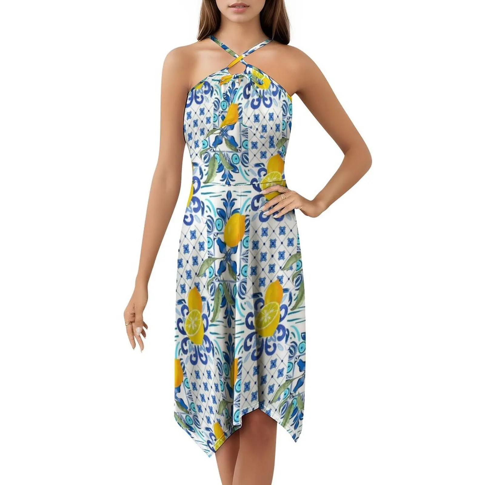 بلاط صقلية البحر الأبيض المتوسط فسيفساء الليمون المرأة الشارع الشهير فستان الحفلات العصرية طباعة نادي الملابس للإناث صقلية #5
