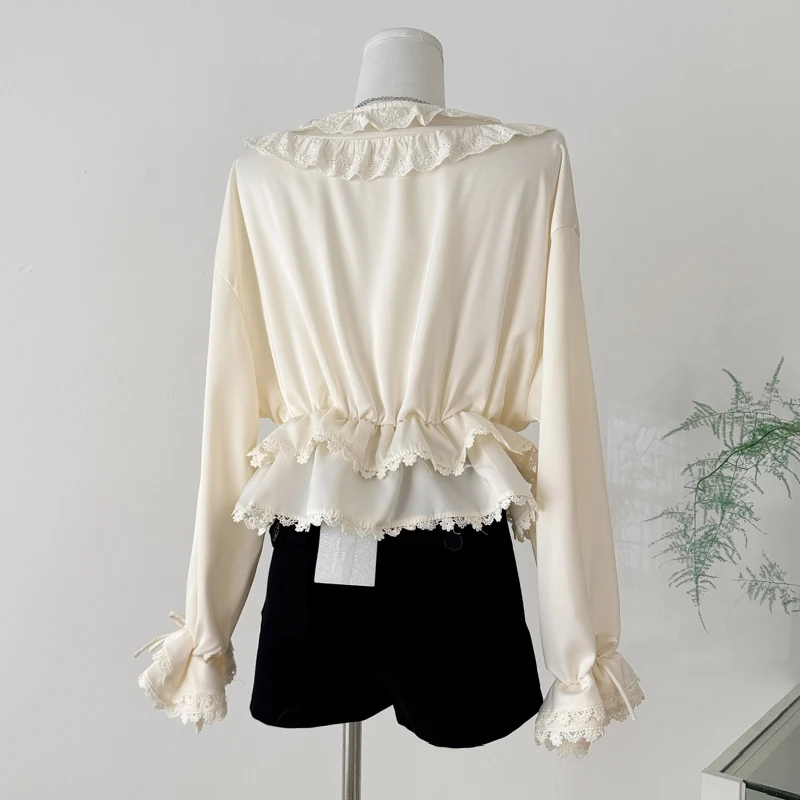 Women Shirt Loose Casual Ruffled Edges Female Vintage Drawstring Blouses V Neck Lace Up Mid Length Woman Shirts Spring Fall 2025