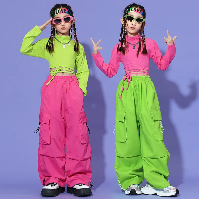 Girls Hip Hop Colorful Crop Top Cargo Pants Child Sweatshirt  Joggers Kid Streetwear Jazz K-pop Street Dance Costume Clothes Set