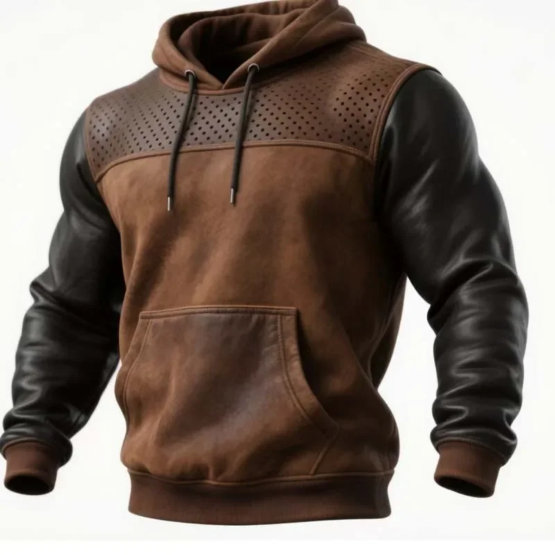 

Men's Autumn and Winter Leather Hoodie Sports Hoodie Retro Hollowed Out Design Mens Outdoor Casual Hooded Sweatshirt Streetwear