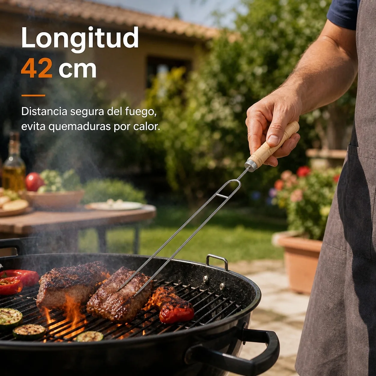 Tenedor para Barbacoa de Acero Inoxidable 42cm con Mango de Madera Antideslizante, Horquilla de Dos Puntas para Parrilla, Carne y Salchichas, Herramienta de Cocina Resistente al Calor