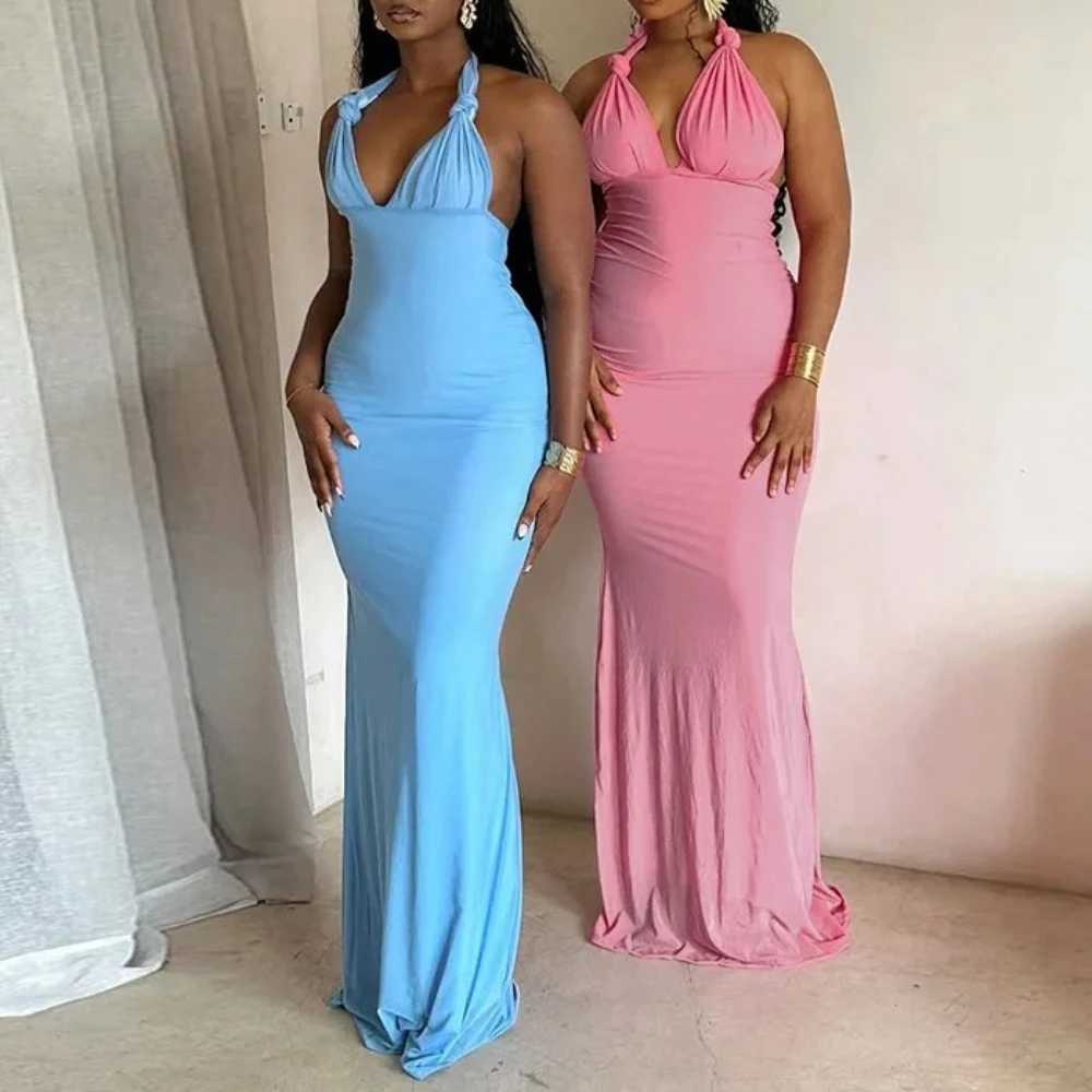 

Женское элегантное длинное платье без рукавов с лямкой на шее и рюшами, осень 2025, день рождения, праздник, пляжные вечерние сексуальные вечерние платья, Vestidos