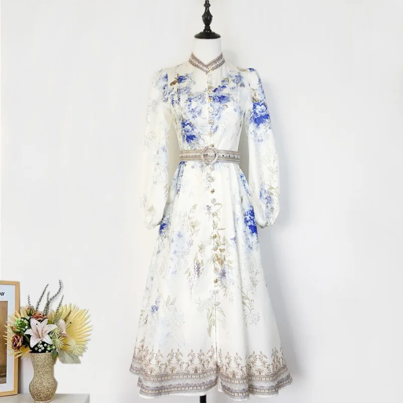 

2025 Spot European retro literary printing single-breasted stand-up collar lantern sleeve medium and long dress women's clothing