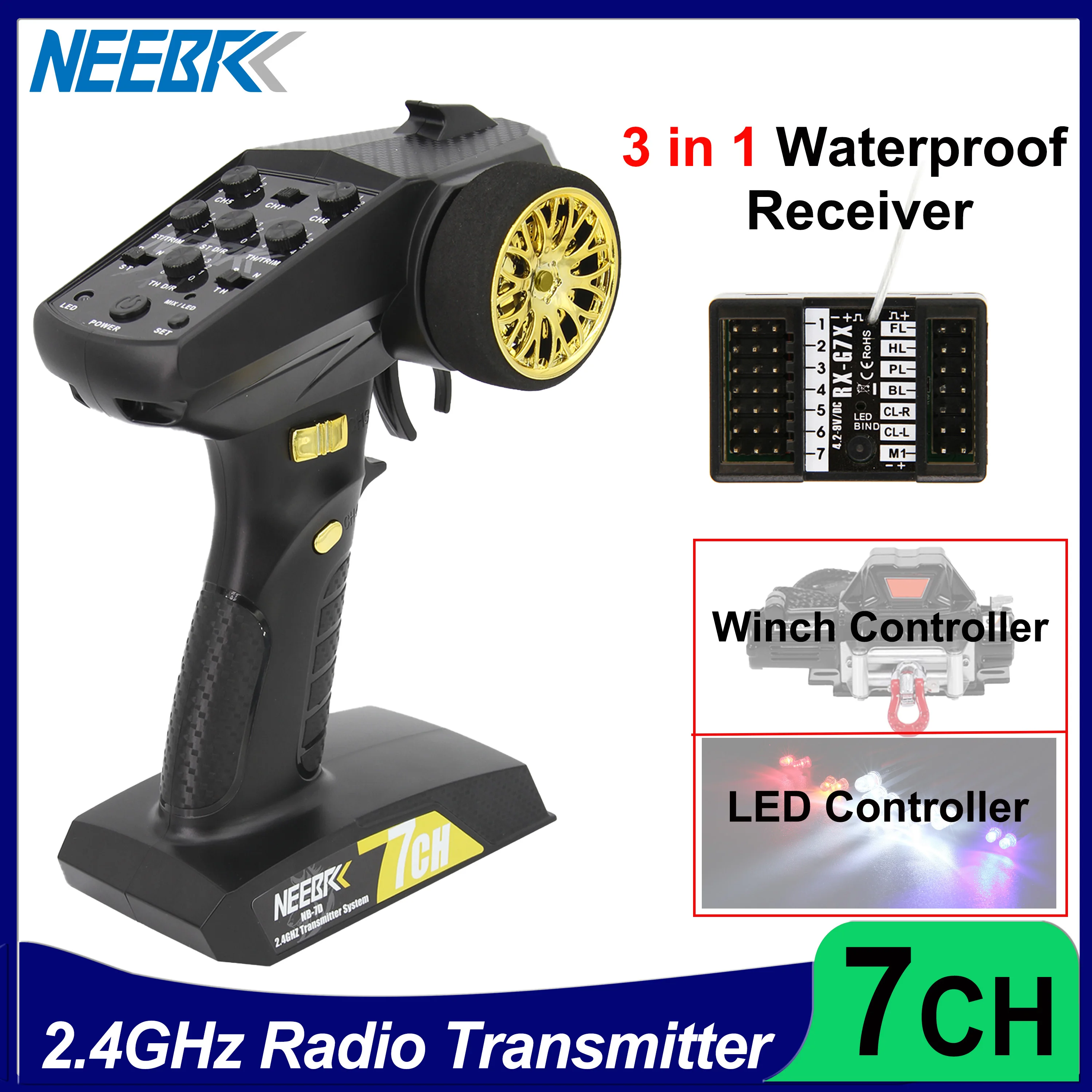 

NEEBRC 2.4GHZ 7CH Transmitter Radio System Transmitter Remote Control/led light controller system Receiver For RC car boat GOLD