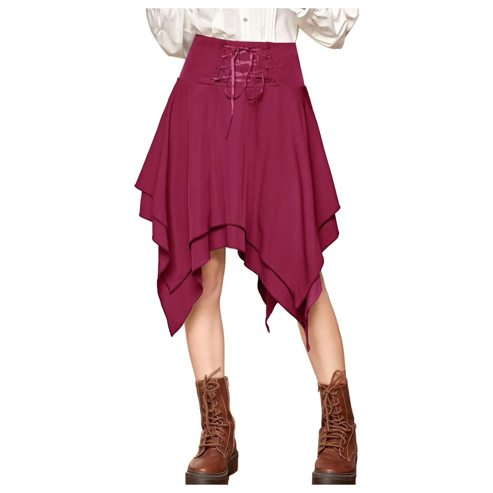 Women Retro Medieval Gothic Skirt Bandage High Waist Lace Up Boho Long Skirt Solid Color Irregular Layer Skirts Faldas Mujer