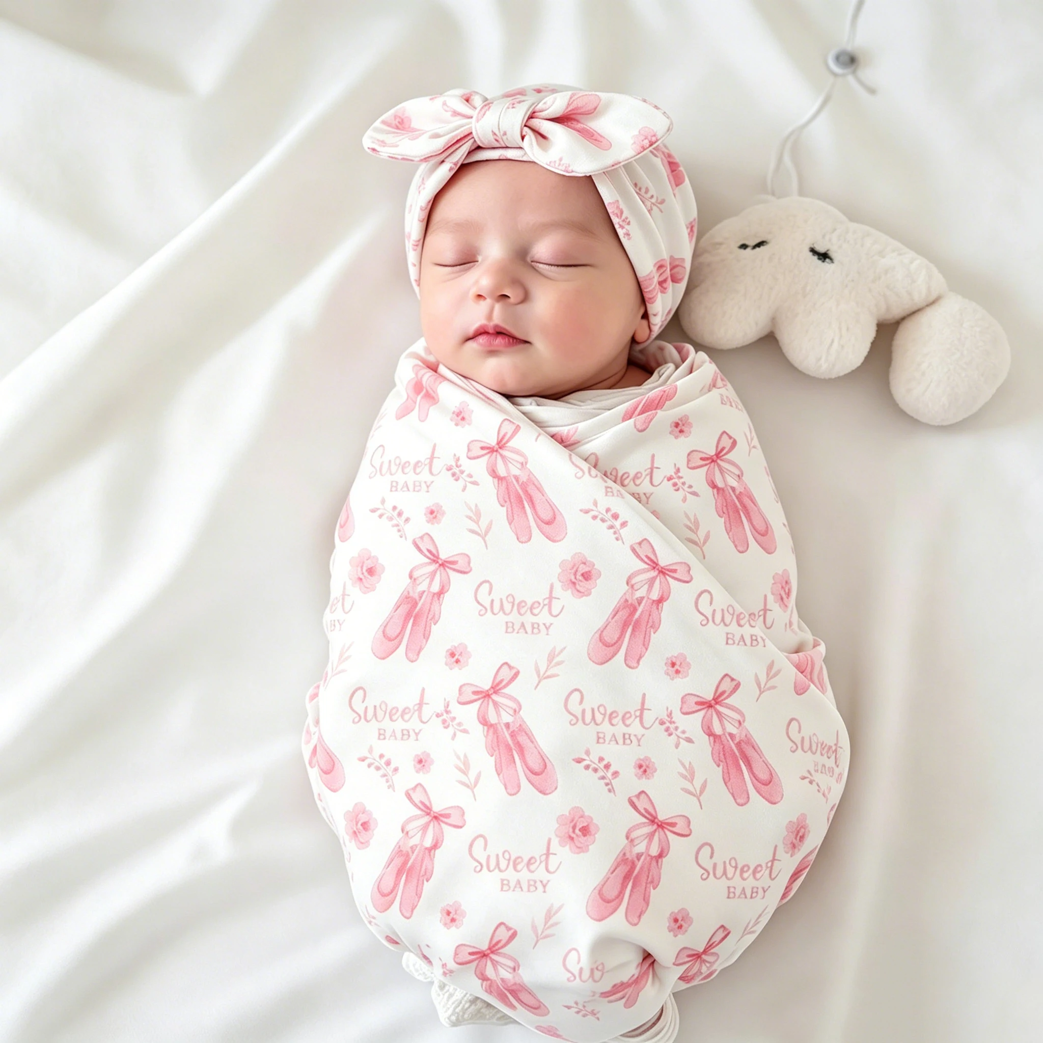 Newborn Baby Swaddle Blanket with Big Bow Headband 2Pcs Set Pink Ballet Shoes Floral Print Sweet Baby Infant Photography Blanket