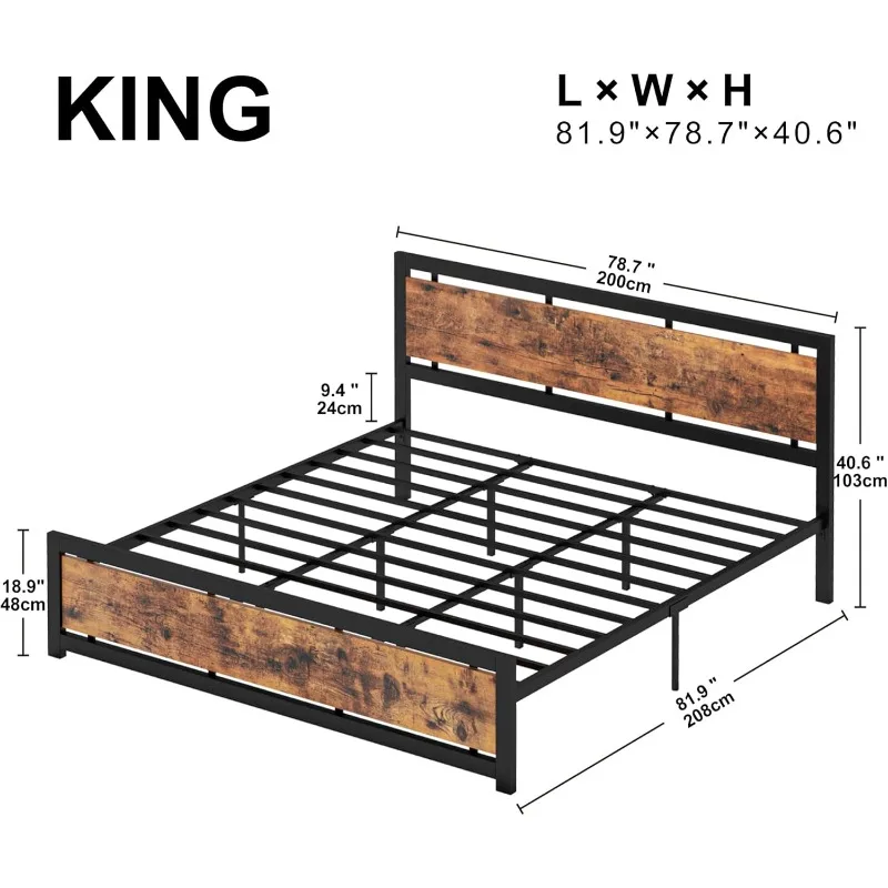 King Bed Frame with Headboard and Footboard, Metal Strong Supports, Easy Assembly, Noise-Free, No Box Spring Needed