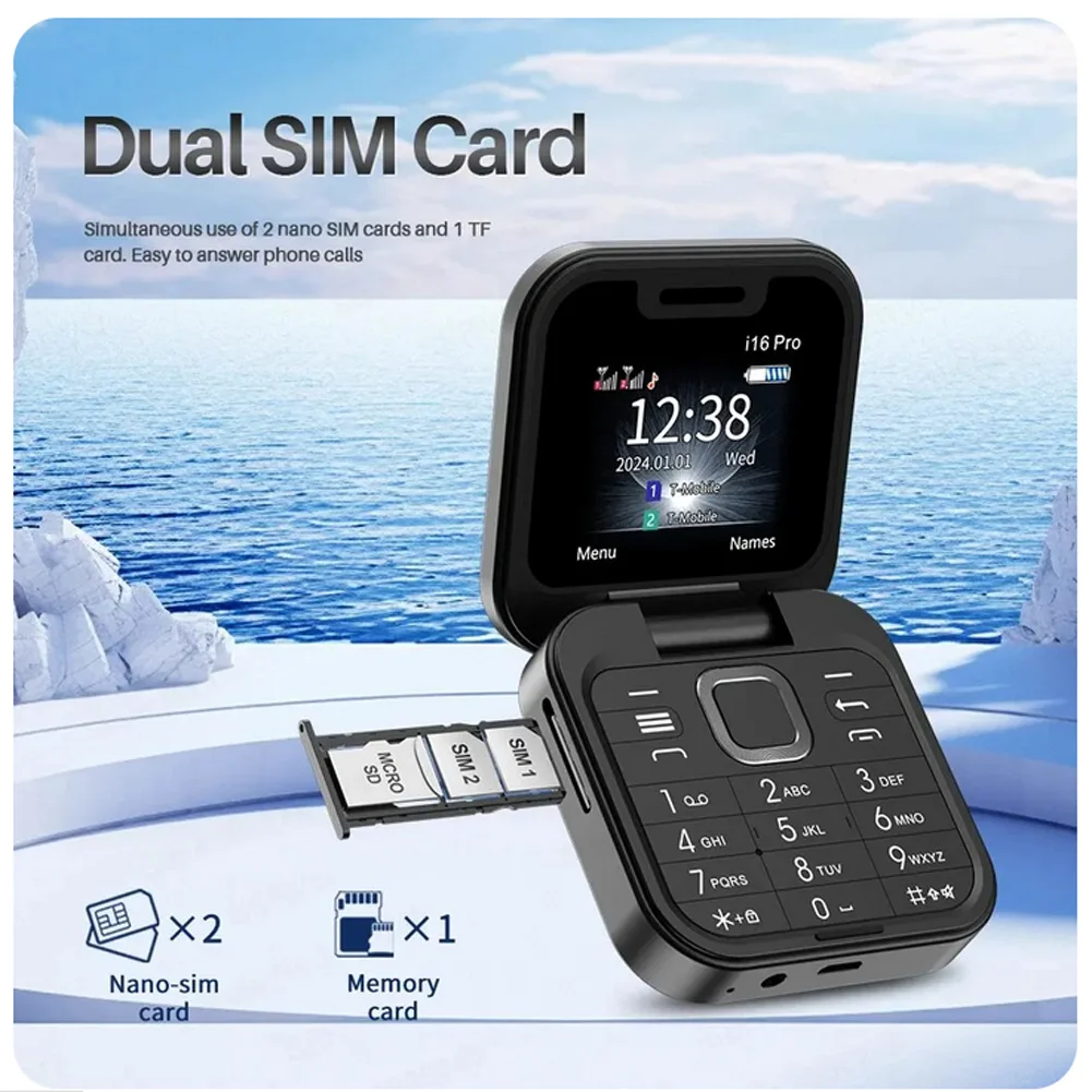 I16pro Small Foldable Mobile Phone Auto Call Record Speed Dial Dual SIM Card High Definition Rear Camera Flip Telephones