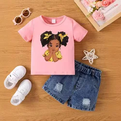 Aby Boys and Girls Summer Hot Painted Round Neck Short-sleeved Top Girls    Just T-shirts. Shorts not included