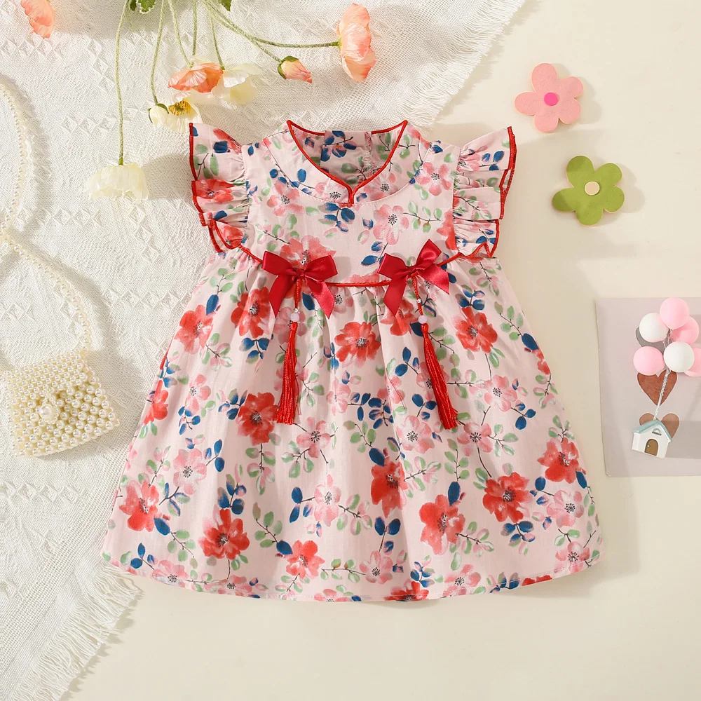 Summer Baby Newborn Cotton Little Flying Sleeve Dress Girl Stand up Collar Cute Printed One Year Birthday Cheongsam Dress