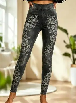 Women Mid‑Rise Fleece Lined Leggings, Gothic Skull White Rose Symmetric Print Slim Stretch Pants