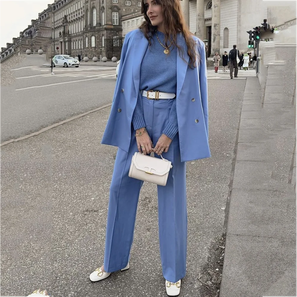 

Women's Tailoring Set Two Pieces Jacket Pants Elegant Double Breasted Straight Outfit High Quality Daily Office Women Suit