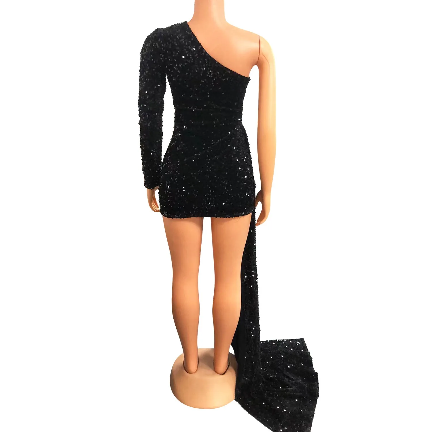 Sexy Nightclub Party Prom Club Banquet Tight One Shoulder Long Sleeve Beaded Big Swing Dresses