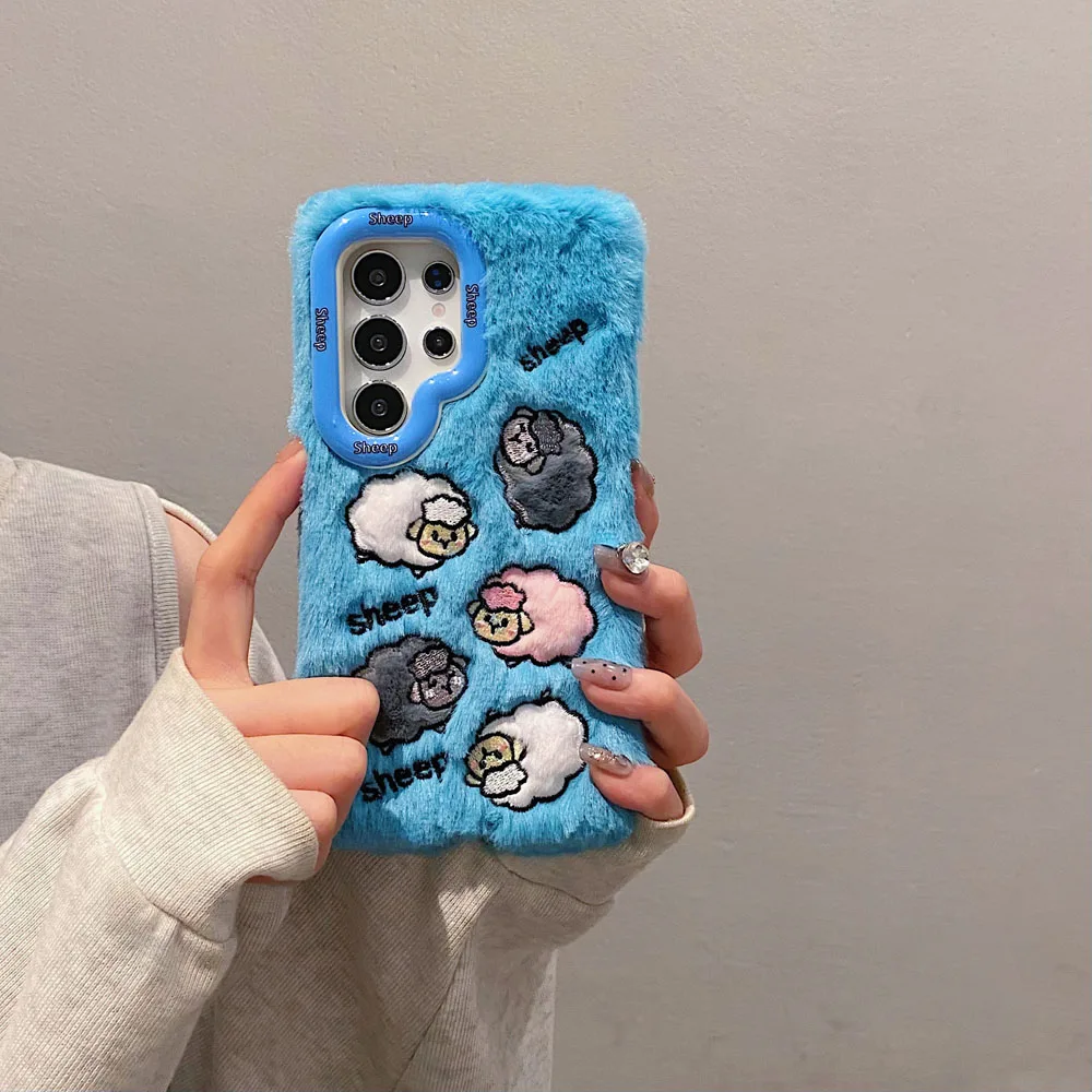 Cartoon Cute Embroidery Sheep Plush Lens Holder Shockproof Phone Cover Case For Samsung S24 Ultra S24 Plus 23 Ultra S24 Cases