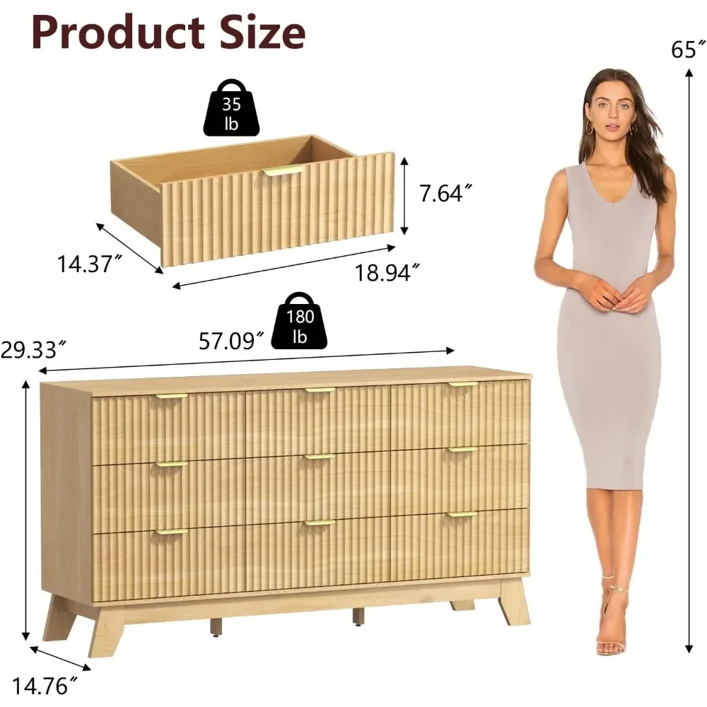 Fluted Dresser for Bedroom,9 Drawer Dresser for Closet,57
