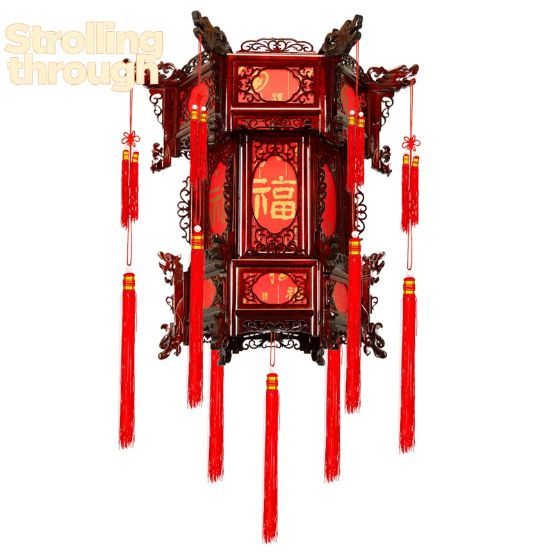 

Chinese solid wood palace lamp antique hexagonal red housewarming lantern outdoor classical wedding wooden balcony