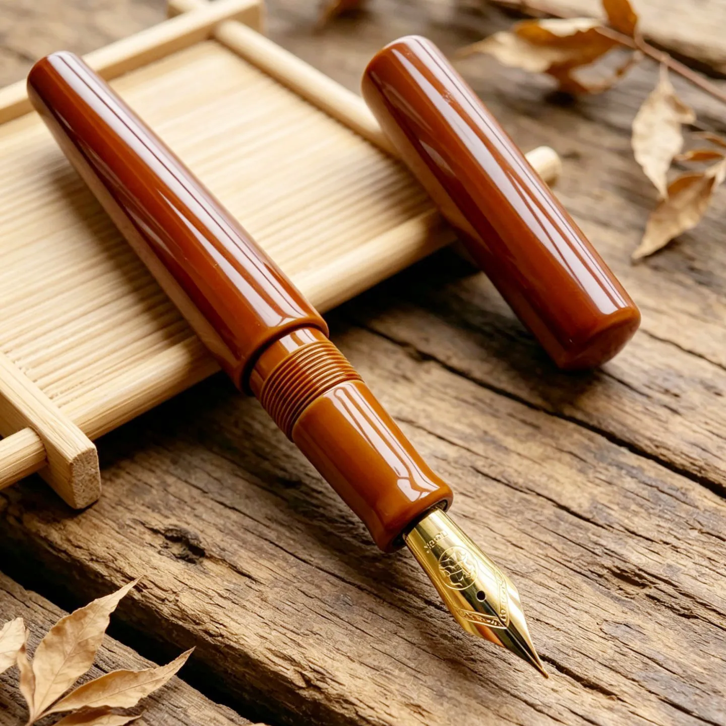 

Handmade Thick Lacquer Namiki Fountain Pen No.6 Bock F M Nib , Cumberland Hard Rubber Body Decayed Leaves Lacquer PEN