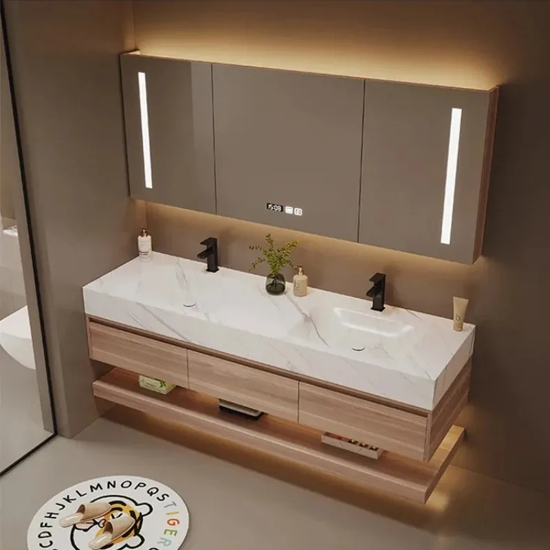 Modern Bath Room Floating Washstand Storage Cabinetry Set Double Sink White Oak Solid Wood Wall Hung Bathroom Vanity Cabinet