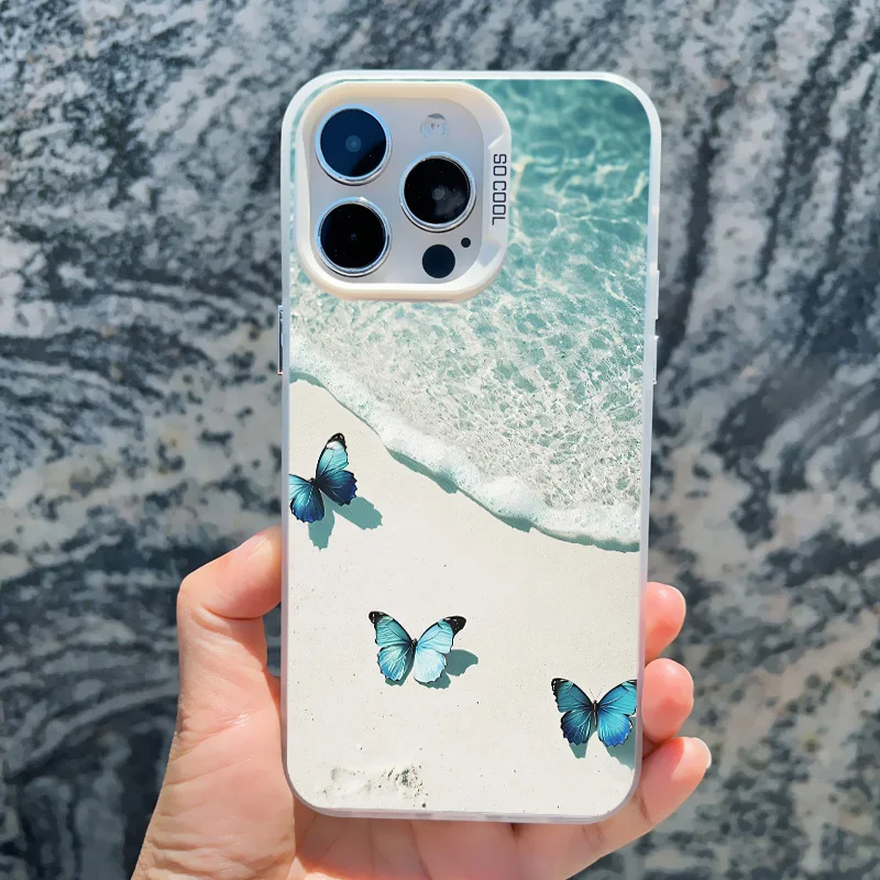 Blaue Schmetterling-Ozeanwellen-Handyhülle für iPhone 14 13 12 11 Pro Max 17 16 15 Pro Max 13 Mini 16 14 Plus Stoßfeste Laser-Cover – Detail 2